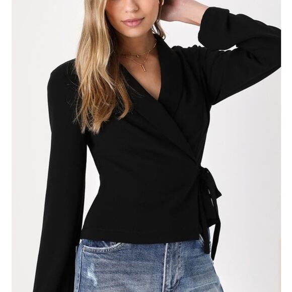 NWT Lulus Black Wrap Long Sleeve Top - Picture 1 of 6